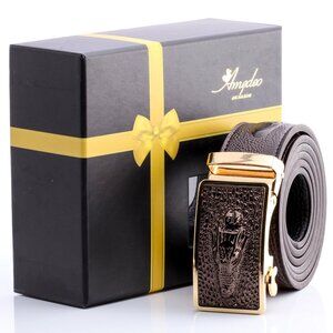 Men's Smart Ratchet No Holes Automatic Buckle Belt in Gold & Brown Alligator